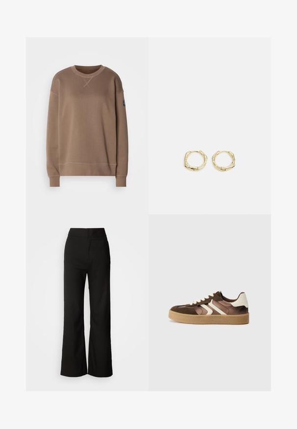 Brun fleece-tröja med långa ärmar, rund halsringning och subtila sömnadsdetaljer. Har en liten märkesetikett på vänster ärm.; Svarta vida byxor med en slät textur, hög midja och en enkel design. Inga synliga fickor eller dekorationer.; Bruna och krämfärgade sneakers med en kombination av mocka och satinmaterial, med tre diagonala ränder och en texturerad gummisula.; Guldörhängen i form av ringar med en texturerad, oregelbunden form. Har en sömlös stängning och en polerad yta som betonar en modern design.