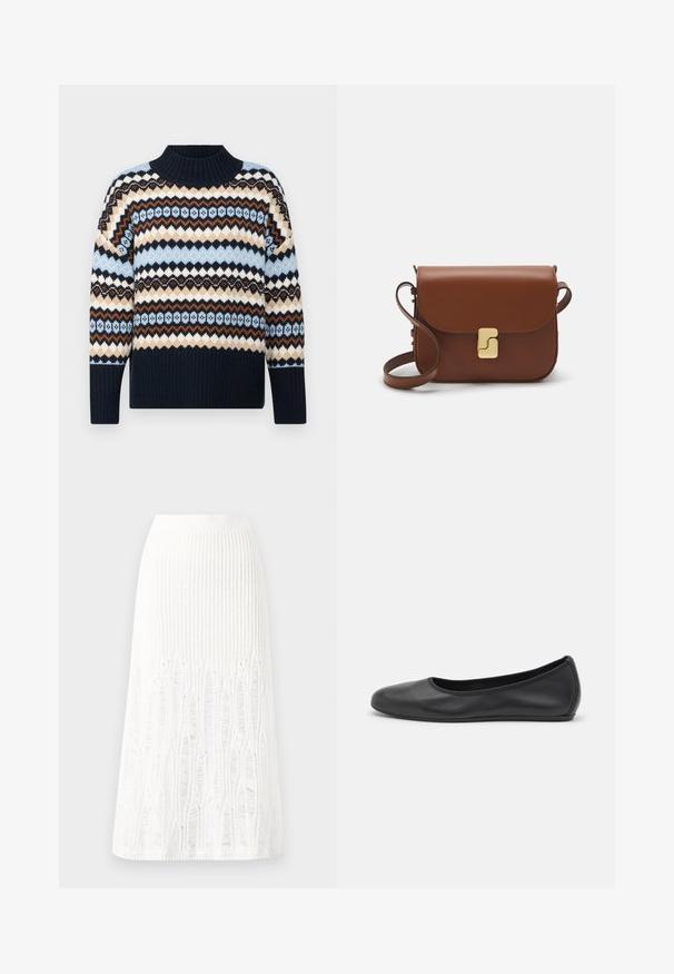 Barbour LARISA JUMPER - Strickpullover - multi; Gestreifte weiße Midi-Rock aus Strick mit einem strukturierten Muster und Ausschnitten am Saum. Elastischer Bund. Weiches Material.; Schwarze Leder-Ballettschuhe mit abgerundeter Spitze, glatter Textur, minimalen Nähdetails und einem flexiblen Sohlen-Design.; Braune Ledertasche mit Klappenverschluss, Beschlägen in Goldfarbe, einem Schultergurt und einer glatten Oberfläche. Kompakte rechteckige Form.