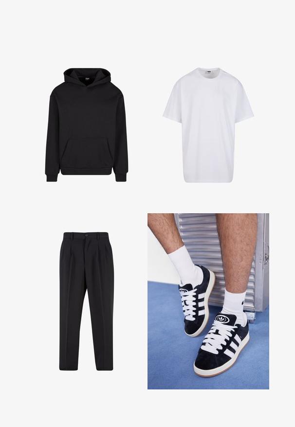 Fekete kapucnis pulóver, puha anyagból készült, elöl zsebbel, húzózsinórral ellátott kapucnival és bordázott mandzsettával és aljjal a szoros illeszkedés érdekében.; Fehér pamut póló rövid ujjal, kerek nyakú, laza szabású, és nincsenek látható logók vagy minták. Simább textúra és minimalista dizájn.; Fekete nadrág, pliszézett elejű dizájnnal, sima anyagból készült. Gombos záródás és övhurkok jellemzik; egyenes szabású.; Fekete velúr sportcipők fehér fűzőkkel és három fehér csíkkal. A nyelvén egy kör alakú fekete logó található, valamint egy gumis talp.