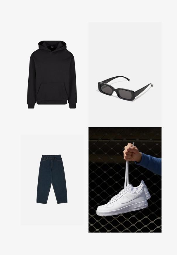 Fekete kapucnis pulóver, puha anyagból készült, elöl zsebbel, húzózsinórral ellátott kapucnival és bordázott mandzsettával és aljjal a szoros illeszkedés érdekében.; Sötétkék, magas derekú farmernadrág, laza fit kialakítással, öt zsebbel és gombos záródással. Simaságot adó denim anyagból készült.; Fehér bőr sportcipők perforációval, kerek orral, lapos talppal és vastag fűzőkkel, látható swoosh logóval és "AIR" felirattal a sarokrészen.; Fekete, téglalap alakú napszemüveg sötét lencsékkel, fényes felülettel, széles szárakkal és masszív keret designnal. Az egyik szárra gravírozott márkanevével.; Fekete szövet táska texturált, steppelt mintával. Kerek formájú, rövid, vastag fogantyúkkal és puha, rugalmas szerkezettel.