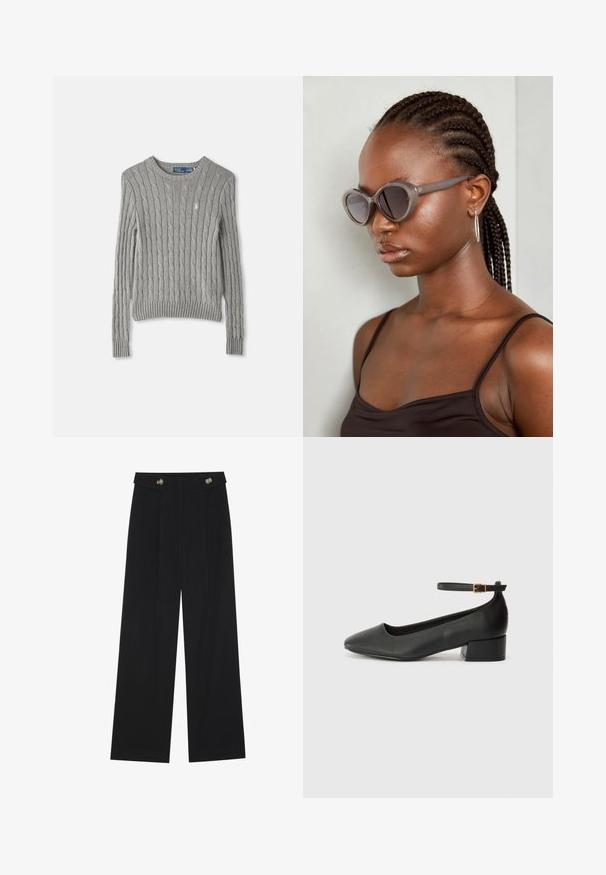 Pulôver cinza de malha canelada com mangas longas, um acabamento canelado na barra e decote redondo. Pequeno logotipo em destaque no peito.; Calças largas pretas com cintura alta, detalhes em botão na cintura e pregas frontais.; Sandal de pele preta com bico pontiagudo e um salto bloco baixo. Apresenta uma tira no tornozelo com uma fivela em tom dourado. Textura suave.; Óculos de sol cinzentos de tamanho oversized com uma forma arredondada e lentes escuras. Armação de plástico elegante com um acabamento suave. O modelo tem cabelo trançado.