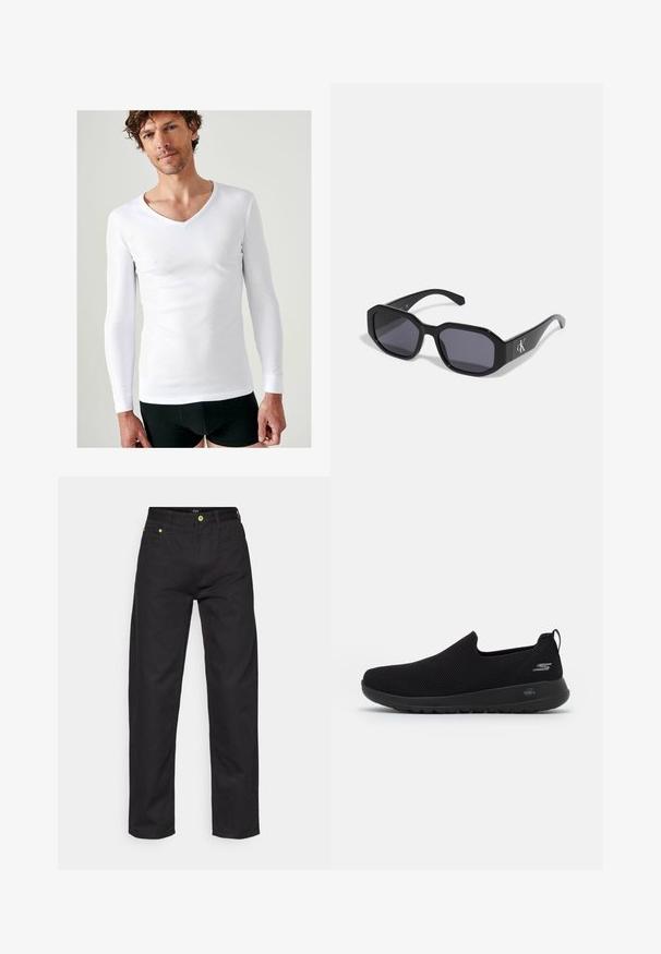 Damart INTERLOCK - Strickpullover - White; Schwarzes Jeanshemd mit langen Ärmeln, abknöpfbarem Kragen und silbernen Beschlägen. Verfügt über einen geraden Schnitt und eine schlichte Textur.; Schwarze Denim-Hosen mit geradem Schnitt, ausgestattet mit grünen Akzentknöpfen und klassischem Fünf-Taschen-Design. Glatte Textur, klassischer Stil.; Schwarzer Slip-On Sneaker mit atmungsaktivem Mesh-Obermaterial, runder Zehenpartie und gepolsterter Gummisohle. Mit einem Logo an der Seite.; Schwarze Sonnenbrille mit achteckigem Rahmen, dunklen Gläsern, glänzendem Kunststoffmaterial und einem silbernen Logoakzent auf einer Seite.