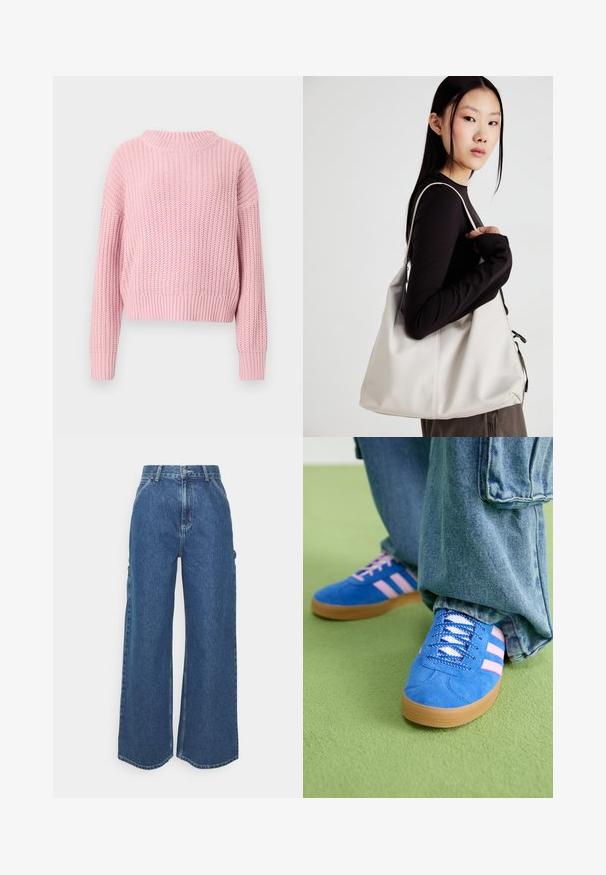 Różowy sweter wykonany na drutach o prążkowanej strukturze, luźny krój, szeroki okrągły dekolt oraz długie rękawy, w stylu skróconym i jednolitym kolorze.; Szerokie niebieskie dżinsowe spodnie z wysokim stanem, kontrastowymi szwami i bocznymi kieszeniami, z klasycznym pięciokieszeniowym wzorem i surowymi brzegami.; Niebieskie zamszowe buty z różowymi paskami i białymi sznurowadłami, z gumową podeszwą, zestawione z luźnymi dżinsami na zielonej powierzchni.; Beżowa torebka wykonana z miękkiego materiału, charakteryzująca się luźnym fasonem, wyszywanymi detalami i dwoma uchwytami na ramię. Idealna na co dzień.