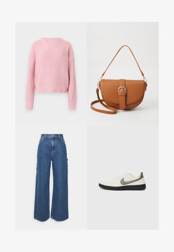 Rosa stickad tröja med ribbat mönster, avslappnad passform, vid rund halsringning och långa ärmar, med en cropped stil och en artikelfärg.; Breda ljusblå denimbyxor med hög midja, kontrasterande sömmar och sidofickor, som har en klassisk femficksdesign och råa kanter.; Nike Sportswear FIELD GENERAL - Sneakers - off-white/black; Brun läder crossbody-väska med en böjd form, gyllene detaljer och en spänneaccent. Har en avtagbar axelrem.