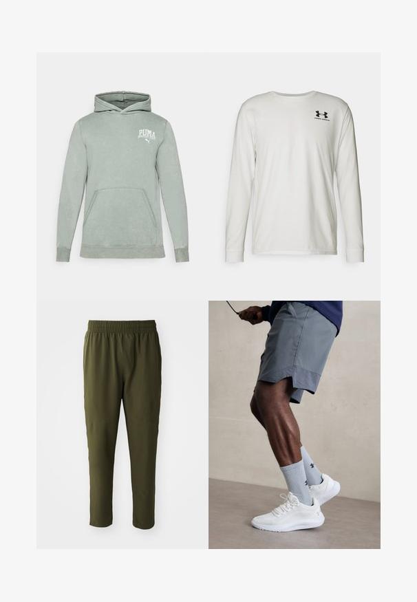 Lys grønn hettegenser laget av myk stoff, med kengurulomme, snor i hetten og en hvit PUMA-logo på brystet.; Langermet hvit t-skjorte laget av bomull med rund hals. Har en svart logo på øvre venstre bryst. Jevn tekstur og tettsittende design.; Olivenfargede bukser laget av et glatt, lett materiale. Har elastisk midje og smalner ben med sømdetaljer.; Hvite treningssko med teksturert mesh-overdel, kombinert med lyseblå ribbestrikkede sokker med logo. Grå treningsshorts med perforert kant.