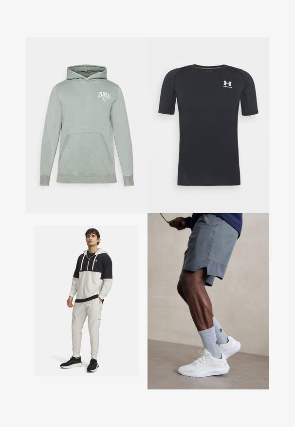 Felpa verde chiaro in morbido tessuto, con tasca a marsupio, cappuccio con cordino e un logo PUMA bianco sul petto.; Maglietta sportiva nera a maniche corte realizzata in tessuto traspirante e elastico. Presenta un collo rotondo e un piccolo logo bianco sul petto.; Giacca sportiva con cappuccio in bianco e nero con chiusura a zip; abbinata a pantaloni jogger bianchi con tasche e polsini elasticizzati; sneakers nere.; Scarpe da ginnastica bianche con tomaia in mesh testurizzato, abbinate a calzini a coste blu chiaro con un logo. Pantaloni sportivi grigi con bordi perforati.