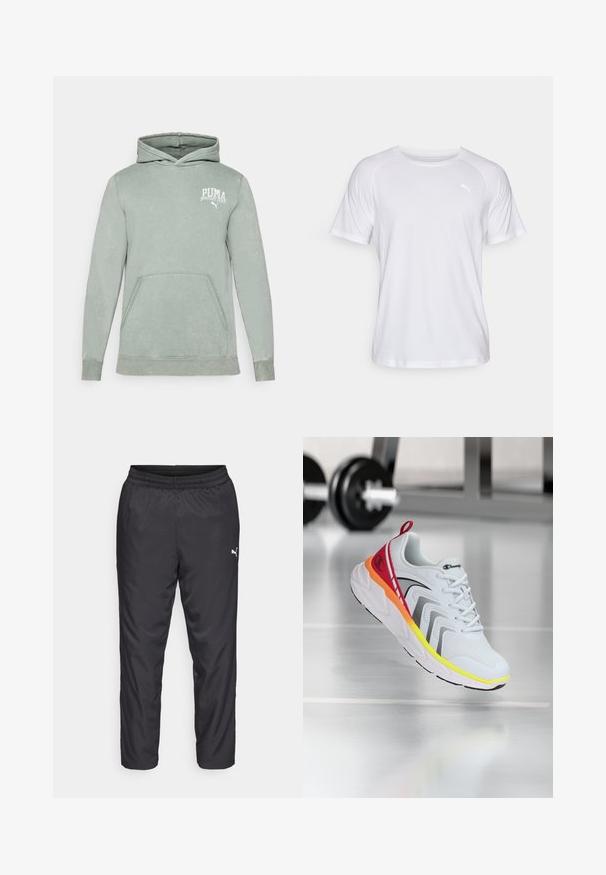 Felpa verde chiaro in morbido tessuto, con tasca a marsupio, cappuccio con cordino e un logo PUMA bianco sul petto.; Maglietta sportiva bianca a maniche corte con una texture liscia. Presenta un collo tondo e un piccolo logo di un colore chiaro sul lato sinistro del petto.; Pantaloni sportivi neri realizzati in materiale liscio e leggero. Presentano un elastico in vita e un piccolo logo bianco sul lato sinistro.; Scarpa sportiva bianca con parte superiore in mesh, accenti colorati in rosso, arancio e giallo, dotata di una suola testurizzata e dettagli neri.