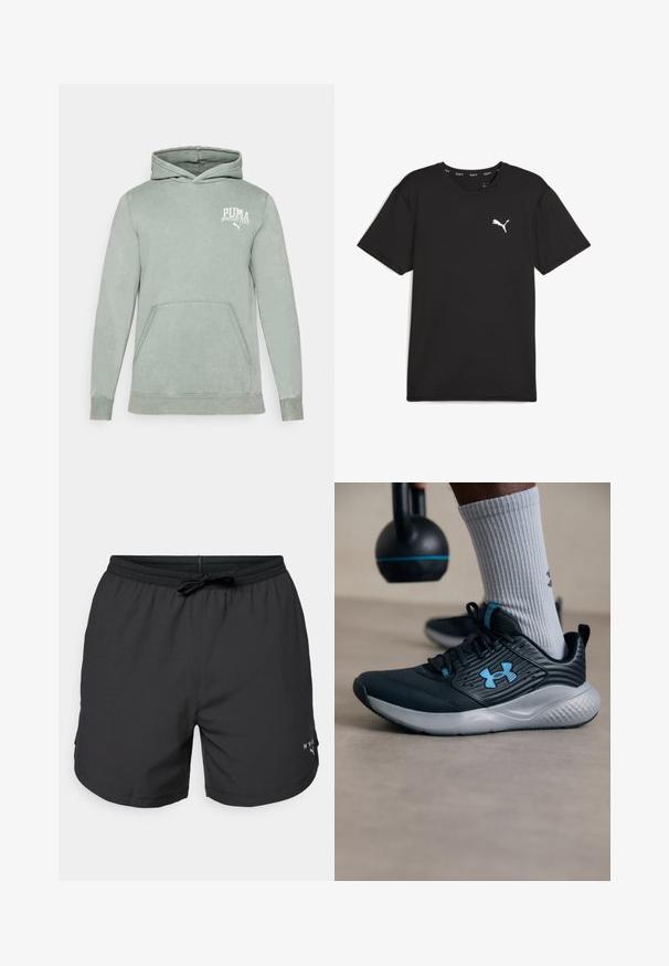 Lichtgroene hoodie van zacht stof, met een kangoeroezak, een capuchon met trekkoorden en een wit PUMA-logo op de borst.; Zwart sport t-shirt met korte mouwen van synthetische stof, met een wit Puma-logo op de bovenste linkerborst. Gladde textuur, ronde hals.; Zwarte zwemshorts met een elastische tailleband en trekkoord. Lichtgewicht stof met zijzakken. Voorzien van een klein logo op de zoom.; Zwarte sportschoen met blauwe accenten, gestructureerde bovenkant en grijze zool. Draagt met grijze geribbelde sokken, naast een zwarte kettlebell.