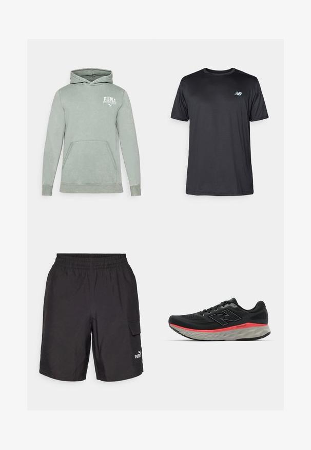 Šviesiai žalias megztinis su gaubtu, pagamintas iš minkštos medžiagos, su kengūros kišene, su įvaromuoju gaubtu ir baltu PUMA logotipu ant krūtinės.; New Balance Sportiniai marškinėliai trumpomis rankovėmis - black; Juodos krovininės šortai su elastinga juosta, šoninėmis kišenėmis ir baltu Puma logotipu kairiajame šone. Pagaminti iš lengvos medžiagos.; Juoda bėgimo batelis su tinklelio viršumi, akcentuotas rožiniu vidiniu padų juosta ir pilku padu. Yra tekstūruoti detalės ir lankstus pado dizainas.