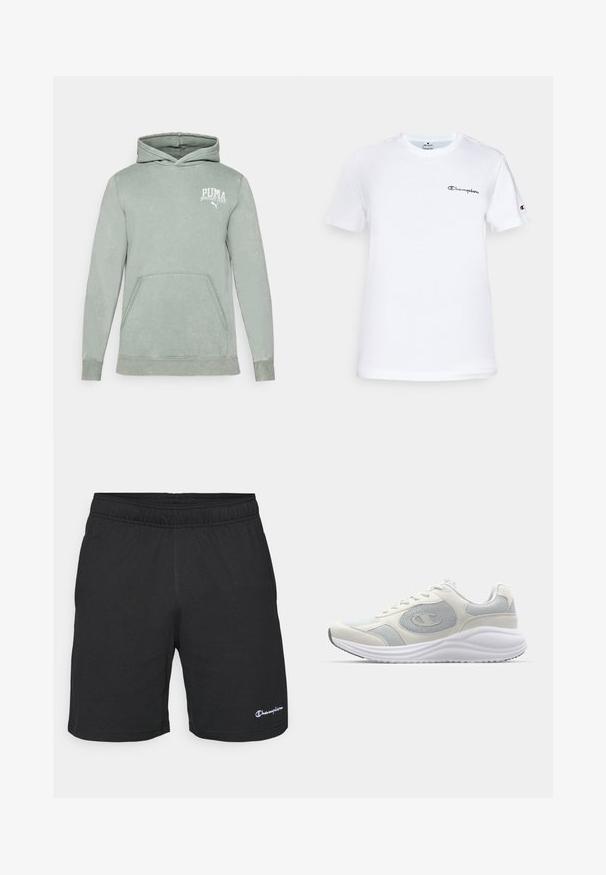 Hanorac verde deschis dintr-un material moale, cu buzunar tip cangur, glugă cu șnur și un logo PUMA alb pe piept.; Tricou alb din bumbac cu guler rotund, mâneci scurte și un logo "Champion" brodat în negru pe piept și pe accentul de pe mânecă.; Pantaloni scurți sport negri cu un talie elastica, dintr-un material moale, având un mic logo alb în colțul din stânga jos.; Pantofii sport albi cu accente gri deschis, materiale din plasă și suede, vârful rotunjit, talpă texturată și logo de marcă vizibil pe lateral.