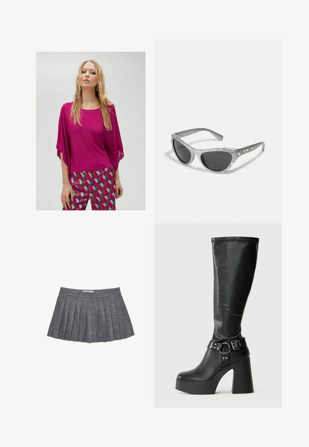 Fuksija oversized majica s mekim teksturom i širokim rukavima, u kombinaciji s vibrantnim hlačama s uzorkom koje sadrže geometrijske oblike u crvenoj, plavoj i bež boji.; Siva plisirana suknja napravljena od teksturirane tkanine. Ima uski pojas i više vertikalnih plisova, što stvara stručno oblikovanu siluetu.; Crne čizme do koljena s platformom i sjajnom završnom obradom, s širokim blok petama i remenom s kopčom oko gležnja.; Srebrne sunčane naočale u stilu mačjih očiju s tamnim staklima, ukrašene prozirnim draguljima duž okvira. Mat površina s zakrivljenim dizajnom ušica.; Crna torba u obliku polumjeseca s šarenim cvjetnim uzorkom i čvorastim ručkama, s malim metalnim logom na donjem desnom kutu.