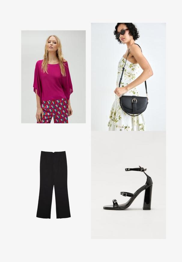 Top oversize fucsia con una texture morbida e maniche larghe, abbinato a pantaloni vivaci a fantasia con forme geometriche in rosso, blu e beige.; Pantaloni neri a gamba dritta, con tasche frontali e spacchi laterali all'orlo. Realizzati in tessuto morbido e liscio. Adatti a diverse occasioni.; Sandali con tacco in vernice nera, con punta squadrata, cinturini alla caviglia e fibbie in argento. Presentano un tacco a blocco spesso per maggiore stabilità.; Borsa a tracolla nera in pelle con una forma curva, manico rimovibile e accessori dorati. La borsa presenta una patta con un dettaglio a fibbia.