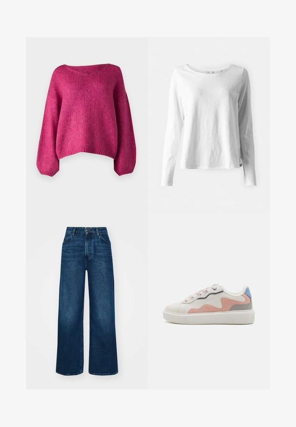 JDY JDYDINEA L/S REVERSIBLE - Camisola - cactus flower; Camisola de manga longa branca em tecido suave e leve; possui um decote redondo e um ajuste ligeiramente relaxado; etiqueta visível na lateral.; Jeans de cintura alta e pernas largas em denim azul escuro com uma textura suave, costuras em contraste e design de cinco bolsos. Fecho frontal com botão.; Ténis de cano baixo com um upper sintético branco, realces em camurça rosa e cinza, sola de borracha branca texturizada e cordões coloridos.