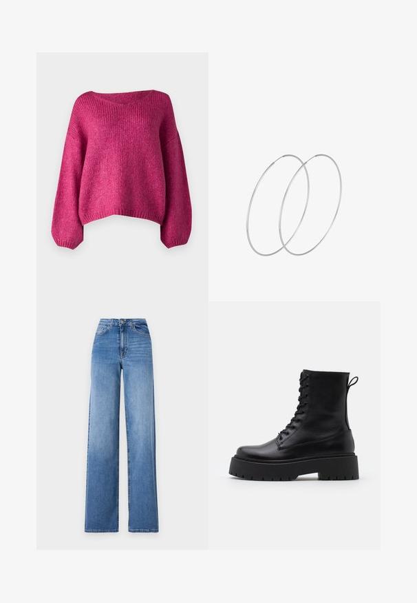 JDY JDYDINEA L/S REVERSIBLE - Džemperis - cactus flower; Šviesiai mėlynos plačių kojų džinsai, pagaminti iš džinsinio audinio, su aukštu liemeniu, priekinėmis kišenėmis ir standartiniu mygtuko uždarymu. Lygus paviršius.; Juodos odinės aulinukės su apvalia nosimi, raišteliais priekyje ir storesniu guminio pado apačioje su tekstūruotu raštu. Priekyje yra kilputė.; Sidabrinės pusmėnulio auskarai minimalistiniu dizainu. Apskritimo forma, lygus paviršius ir plonas profilis. Lengvi su poliruotu apdailu.