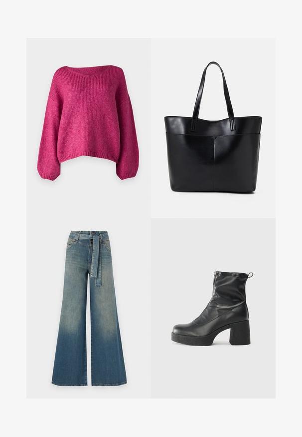 JDY DINEA L/S REVERSIBLE - Jumper - cactus flower; Wide-leg denim trousers featuring a light to dark blue gradient, high waist, belt loops, and a matching fabric belt. Textured denim finish.; Black ankle boots made of smooth leather, featuring a side zipper, chunky textured heel, and rounded toe design.; Black leather tote bag with two long handles, a smooth texture, and a structured shape. Features a front pocket for additional storage.