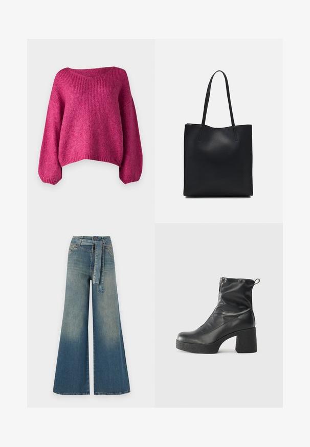 JDY JDYDINEA L/S REVERSIBLE - Pulóver - cactus flower; Bőszárú farmernadrág, világos és sötétkék árnyalatokkal, magas derekú, övgyűrűkkel és a nadrággal megegyező anyagú övvel. Textúrált farmer kivitel.; Fekete bokacsizmák sima bőrből, oldalsó cipzárral, vastag, texturált sarkú és lekerekített orrú dizájnnal.; Fekete bőrtáska sima felszínnel, téglalap alakú, két hosszú füllel. Nincs látható fémkiegészítő vagy díszítés.