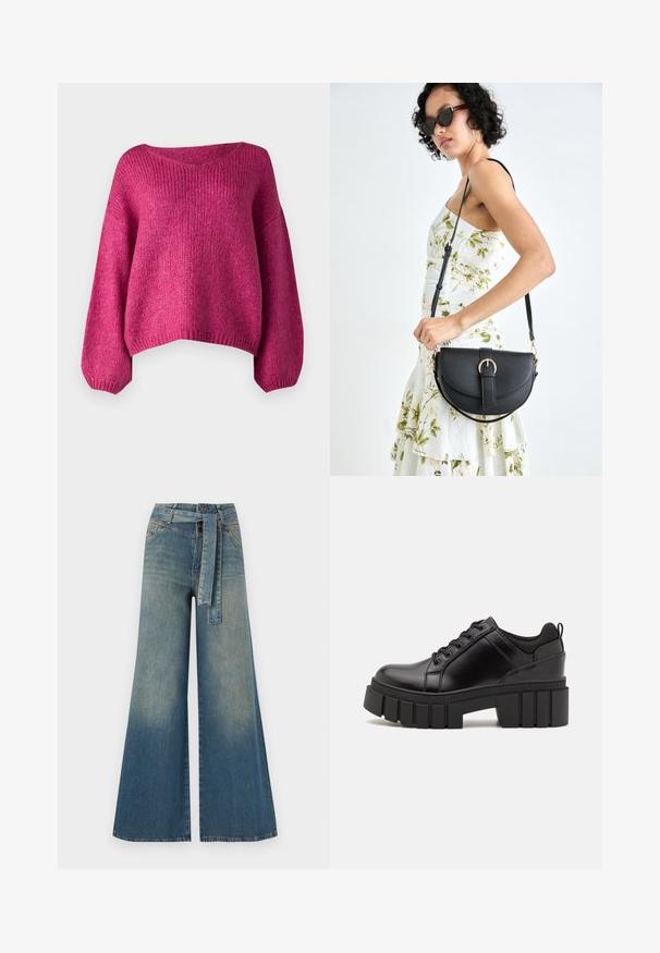 JDY JDYDINEA L/S REVERSIBLE - Jumper - cactus flower; Wide-leg denim trousers featuring a light to dark blue gradient, high waist, belt loops, and a matching fabric belt. Textured denim finish.; Black leather platform shoes with a chunky block heel, round toe, and traditional lace-up design. Features smooth texture and minimal detailing.; Black leather handbag with a curved shape, detachable strap, and gold hardware. The bag features a flap with a buckle detail.