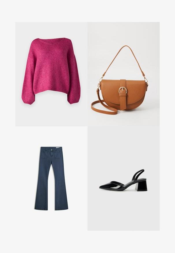 JDY JDYDINEA różowy; Ciemnoniebieskie dżinsy typu dzwony z przeszytymi kieszeniami, zapięciem na guzik i gładką fakturą. Posiadają klasyczny pięciokieszeniowy fason.; Czarne lakierowane półbuty na obcasie z wydłużonym noskiem i geometrycznym słupkiem. Charakteryzują się eleganckim, minimalistycznym designem oraz gładką fakturą.; Brązowa skórzana torba na ramię o zaokrąglonym kształcie, ze złotymi akcentami i zapięciem w formie klamry. Posiada odpinany pasek na ramię.