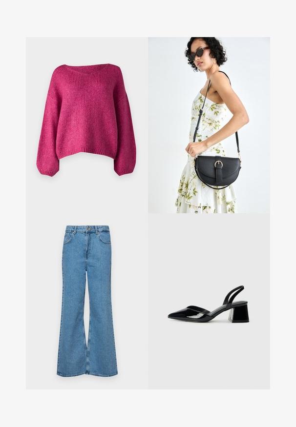 JDY JDYDINEA L/S REVERSIBLE - Jumper - cactus flower; Light blue flared jeans made of denim, featuring a high waist, five pockets, and a single button closure. Soft texture with faded finish.; Black patent leather slingback heels with a pointed toe and a geometric block heel. Features a sleek, minimal design and smooth texture.; Black leather handbag with a curved shape, detachable strap, and gold hardware. The bag features a flap with a buckle detail.