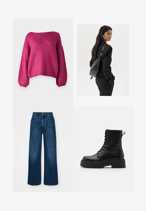 JDY JDYDINEA L/S REVERSIBLE - Jumper - cactus flower; High-waisted, wide-leg jeans in dark blue denim with a smooth texture, contrast stitching, and five-pocket design. Front button closure.; Black leather ankle boots with a round toe, lace-up front, and a thick rubber sole featuring a textured tread. Pull tab at the back.; Woman with long dark hair wearing a black suit, carrying a black leather shoulder bag, looking over her shoulder against a white background.