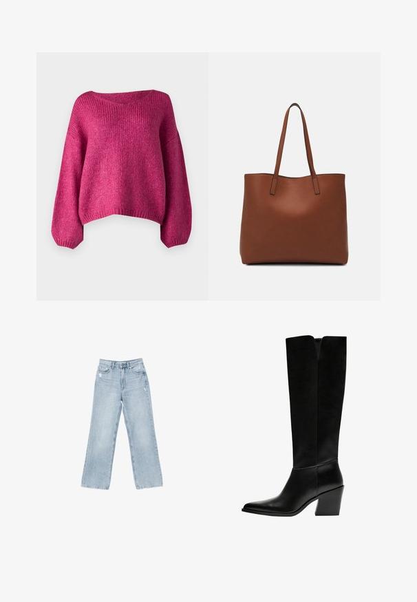 JDY JDYDINEA L/S REVERSIBLE - Pulover - cactus flower; Svjetloplave traperice širokog kroja, sa istrošenim detaljima, pet džepova, i zatvaranjem na patentni zatvarač.; Črne gležnjarje do kolen iz gladkega usnja, z ostrim nosom, blokinim peto in V-oblikovanim izrezom na vrhu.; Rjava usnjena torba z gladko teksturo, odprto zasnovo zgoraj in dvema naramnima trakovoma. Opremljena je z minimalnim šivanjem in brez vidnih kovinskih delov.