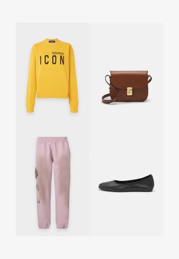 Sudadera amarilla de algodón, con cuello redondo, mangas largas y un gran estampado negro de "ICON" en la parte frontal.; Pantalones de chándal rosas con cintura elástica, que presentan parches decorativos en forma de diamante en el lado izquierdo y puños elásticos en los tobillos.; Bailarina de piel negra con punta redondeada, textura suave, detalle de costura minimalista y diseño de suela flexible.; Bolso de mano de cuero marrón con cierre de solapa, herrajes en tono dorado, correa para el hombro y una textura suave. Forma rectangular compacta.