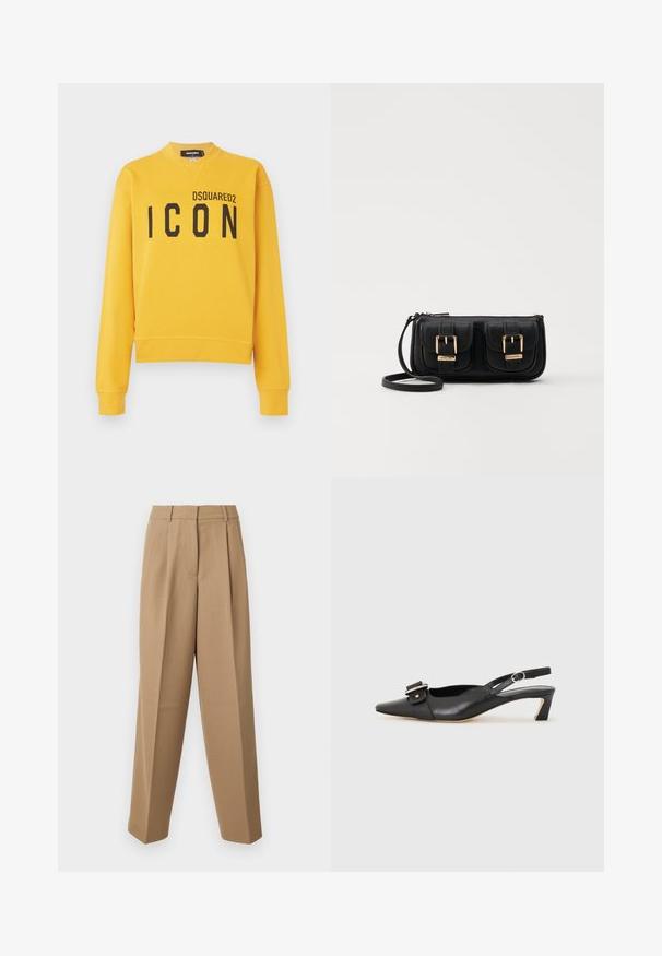 Gul genser laget av bomull, med rund hals, lange ermer, og et stort svart "ICON" trykk på forsiden.; Beige skræddersyede bukser med høj talje, plisseret front og brede ben. Stof virker glat med en let glans.; Svarte skinn slingback-sko med spiss tå, liten hæl og dekorativ spenne-detalj på overdelen. Glatt tekstur, minimalistisk design.; Svart skinn crossbody veske med to frontlommer, gyldne spenner, glidelåslukking og en slank stropp. Teksturert overflate og kompakt rektangulær form.