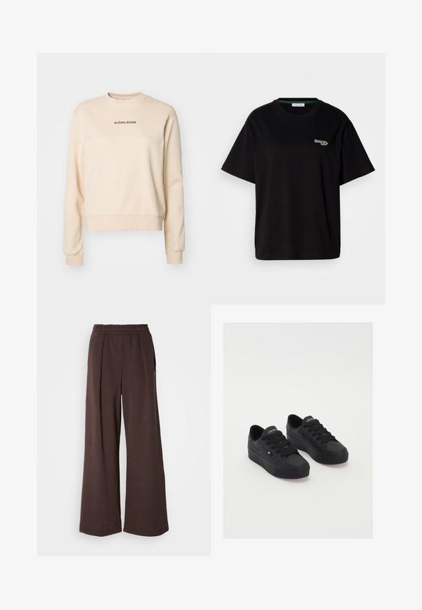 Beige genser med lange ermer, rund hals og ribbestrikkede mansjetter. Har en subtil grønn "BJÖRN BORG" logo på brystet. Mykt, strukturert stoff.; Svart bomull T-skjorte med korte ermer, med et lite grønt logoakcent på venstre bryst. Klassisk rund hals, avslappet passform.; Brune vide bukser med elastisk talje og sidelommer. Lavet af blødt stof med en glat tekstur og et rent, simpelt design.; Sorte, lave sneakers i glat materiale, med tykke snørebånd, en tekstureret sål og et lille logo på siden og tungen.