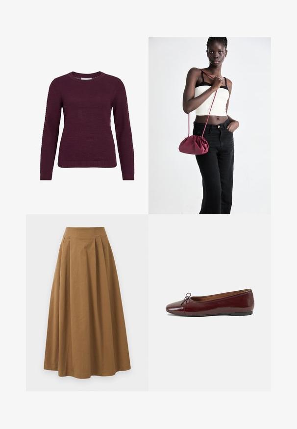 Burgundska pulover jopica z teksturiranim, satovskim vzorcem, okroundim izrezom, dolgimi rokavi ter rebrastimi manšetami in spodnjim robom.; Rjava bombažna A-linijska krila z visokim pasom, ki vključuje naborke spredaj in gladko teksturo. Robovi so čisti in preprosti.; Burgundska patenti usnjeni baletni čevlji z zaobljenim prstom, majhnim lokom na sprednji strani in nizkim črnim gumijastim podplatom. Gladka tekstura.; Burgundska mehka torbica z zbranim dizajnom in dolgim trakom, nošena čez telo. Model nosi belo kratko majico in črne kavbojke.