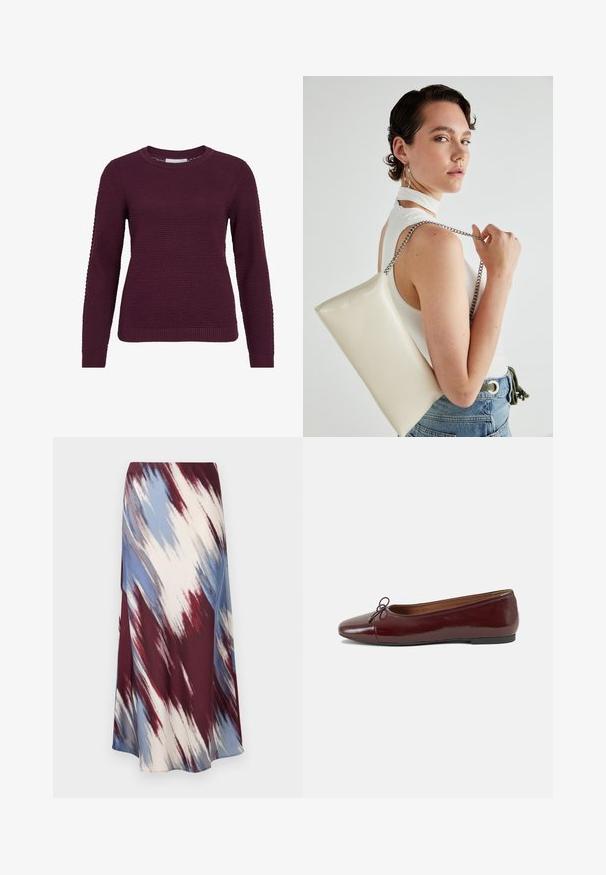 Bordo megztinis su tekstūrine, šūnų porų raštu, apvalia iškirpte, ilgomis rankovėmis ir sutrauktomis rankovėmis bei apačia.; Ilga sijonas su įstrižine tinklelio modeliu, nudažytas bordo, mėlyna ir kreminės spalvos, pagamintas iš minkštos medžiagos su laisva siluete ir nedideliu blizgesiu.; Bordo lakiotos odos baleto bateliai su apvalia nosimi, maža kaspinėlio akcentu priekyje ir žema juoda guma padanga. Lygi tekstūra.; Balta, stačiakampio formos rankinė pagaminta iš blizgaus medžiagos, su sidabriniu virvute. Modelis pozavo, demonstruodamas rankinę prieš paprastą foną.