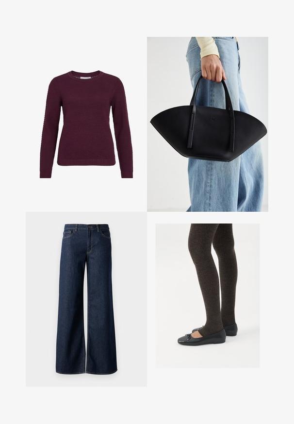 Pulover burgundy cu un model texturat în formă de fagure, guler rotund, mâneci lungi și manșete și tiv ribbate.; Jeanși cu picioare largi din denim albastru închis. Prezintă cusături contrastante, cinci buzunare și o închidere cu nasture la talie. Textură netedă.; Pantofi negri cu un detaliu mic de fundiță la vârf, asortați cu colanți maro închis, cu textură ondulată. Pantofii au o textură netedă și un profil joase.; Geantă de piele neagră cu o formă unică de evantai, având mânere plate. Suprafața are o textură cu mici granule și un design minimalist.