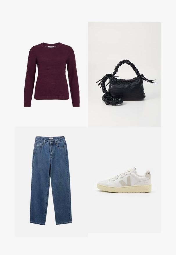 Burgunderfarget genser med teksturert, bikube-mønster, rund hals, lange ermer og ribbestrikkede mansjetter og nederkant.; Klassiske blå denimjeans med rett ben-design, fem lommer og knappelukking. Har en middels vask og solid tekstur.; Hvite lær sneakers med beige semsket detaljer, perforert tåboks, flate lisser og en teksturert kremfarget såle. Har subtil branding på hælen.; Svart faux skinn-håndveske med krokodilletekstur, strammet topp og en rynket stropp. Ser myk og kompakt ut i designen.