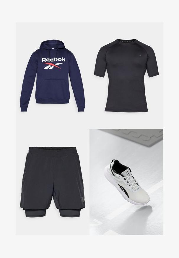 Sudadera de marina hecha de tela suave, con un bolsillo frontal, capucha con cordón y un gran logo de Reebok en blanco y rojo.; Camiseta deportiva de manga corta negra, hecha de una tela suave y elástica. Presenta un escote redondo y un mínimo de marcas en el pecho.; Pantalones cortos deportivos negros con una cintura elástica, diseño en capas y un forro interior ajustado. Presentan un logo sutil en el lado inferior.; Zapato deportivo gris claro con acentos negros, parte superior de malla texturizada, suela acolchada y cierre de cordones. Incluye una tira de tirón en el talón.
