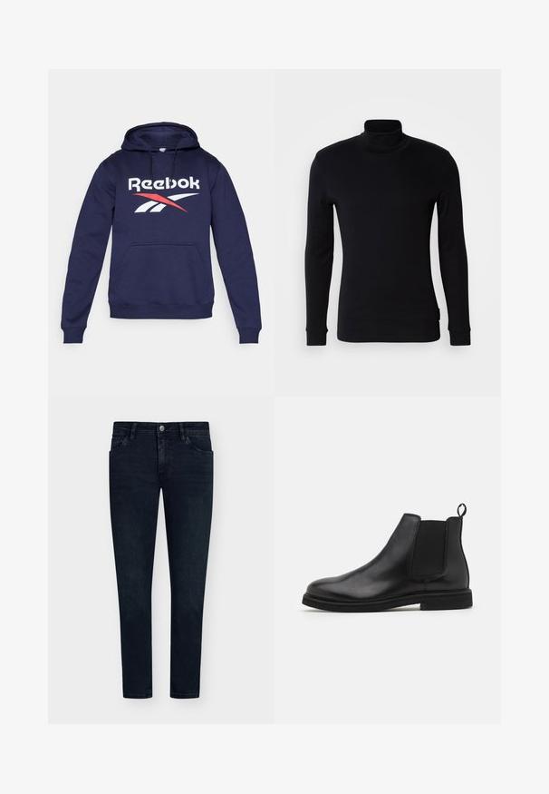 Sweatshirt azul-marinho feito de tecido suave, com um bolso frontal, capuz com cordão e um grande logótipo da Reebok em branco e vermelho.; Camisola preta de manga longa em polo feita de um tecido suave. Apresenta um design ajustado com punhos canelados e uma textura lisa. Sem padrões ou logótipos.; Jeans de ganga azul escuro com um corte slim, design de cinco bolsos, fecho de botão e desgaste mínimo. Frente lisa e aberturas de perna estreitas.; Botas Chelsea de couro pretas com painéis laterais elásticos e uma alça na parte traseira. Ponta arredondada e sola de borracha plana, apresentando um acabamento suave.
