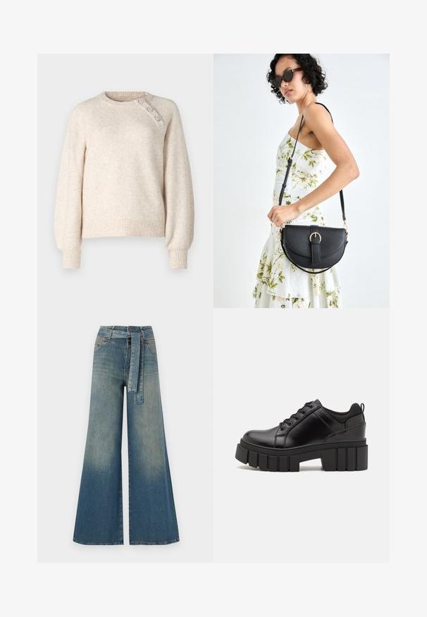 ONLY ONLLAUREN O NECK BUTTON - Trui - oatmeal; Wijduitlopende denim broek met een lichte naar donkere blauwe gradient, hoge taille, riemlussen en een bijpassende stoffen riem. Gestructureerde denimafwerking.; Zwarte leren platform schoenen met een stevige blokhak, ronde neus en een traditionele vetersluiting. Kenmerkt zich door een gladde textuur en minimale details.; Zwarte leren handtas met een gebogen vorm, afneembare schouderband en gouden hardware. De tas heeft een klep met een gespsluiting.