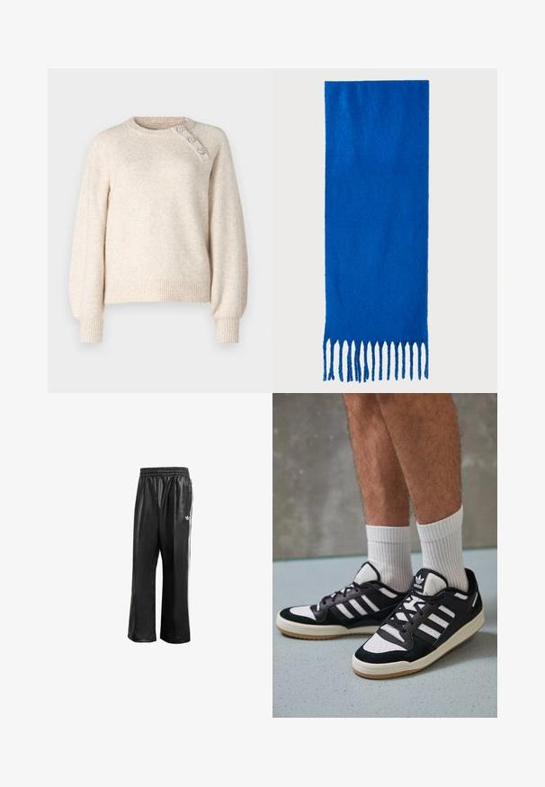 ONLY ONLLAUREN O NECK BUTTON - Jumper - oatmeal; Black synthetic track pants with an elastic waistband, featuring white side stripes and a small white logo on the left hip.; Black and white sneakers with a suede and leather upper, featuring three white stripes, a perforated toe, and a gum rubber sole.; Blue fringed scarf made of soft fabric; features a solid color with a textured surface and evenly cut fringe at the bottom.