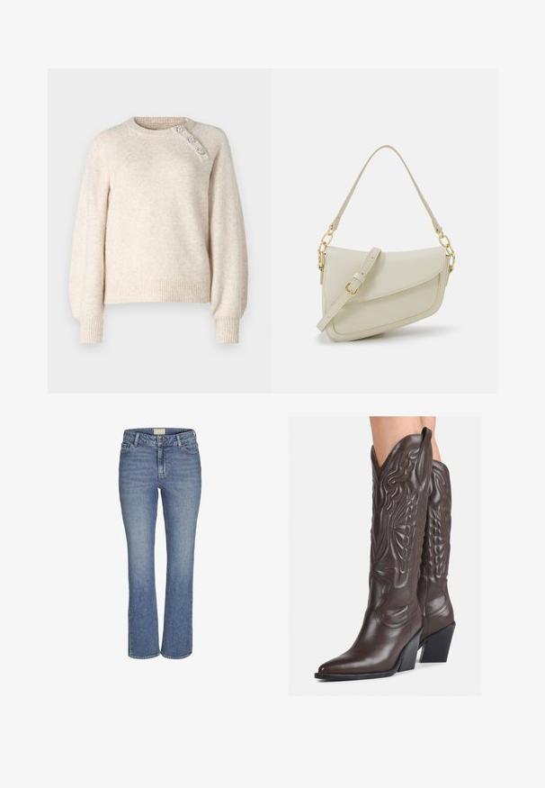 ONLY ONLLAUREN O NECK BUTTON - Strickpullover - oatmeal; Mitteldicke, gerade geschnittene Jeans in Blau mit vorderem Knopf- und Reißverschluss, Gürtelschlaufen sowie Vorder- und Hintertaschen.; Braune Leder-Cowboy-Stiefel mit spitzem Punkt und Blockabsatz, die über detaillierte Stickereien und hervorgehobene Akzente am Schaft verfügen.; Kleine cremefarbene Handtasche mit strukturiertem Finish, einem langen verstellbaren Tragegurt, einem Kettenakzent und einem Klappenverschluss. Goldene Hardware-Details.; Silberne Creolen mit gedrehter Gestaltung, ausgestattet mit einer polierten Oberfläche und einer Steckverschluss. Sie haben einen Durchmesser von ca. 3 cm.