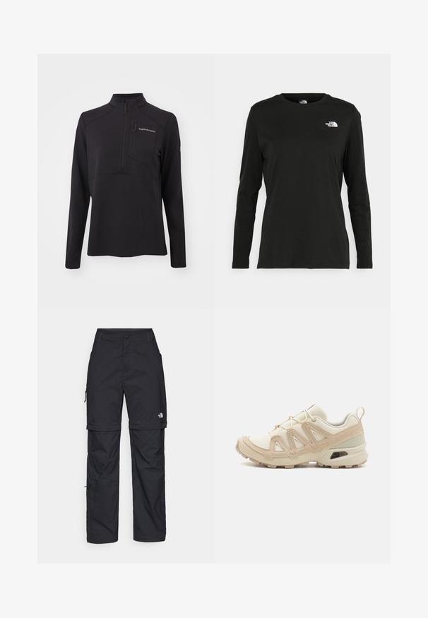 Svart langermet genser laget av teksturert materiale, med halv glidelås, høy krage og glidelåslomme på brystet. Merkevarelogo på fronten.; Svart langermet T-skjorte laget av bomull med rund hals. Har en liten hvit logo på venstre brystområde. Enkelt design og passform.; Svarte nylon cargo-bukser med glidelås og justerbare mansjetter, flere lommer og en logo på høyre bein. Glatt, lett tekstur.; Beige og krem joggesko med teksturert mesh-overdel, støttende overlegg og gummisåle med et mønster for godt grep.