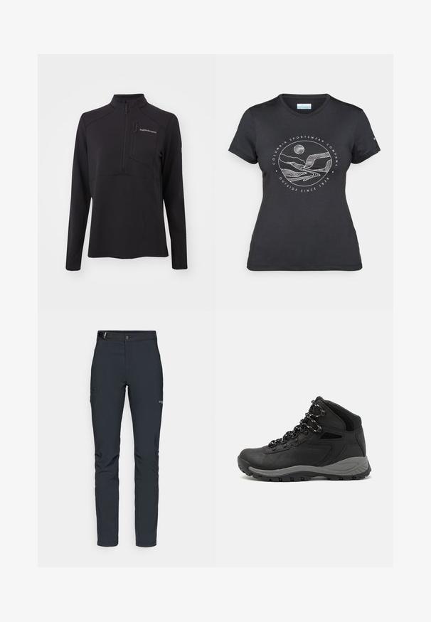 Sort langærmet pullover lavet af struktureret materiale, med en halv lynlås, høj krave og en lynlås lomme på brystet. Brandlogo på fronten.; Sort Columbia t-shirt med hvid cirkulær bjerg- og flodlinjekunst samt teksten "Columbia Sportswear Company Udenfor Siden 1938."; Herrers udendørsbukser, mørkegrå, lavet af fleksibelt materiale, med bælte, lynlåslommer og forstærkede syninger.; Sort vandrestøvle med en mellem-højde design, der har en tekstureret overdel, grå detaljer og en holdbar gummisål med skridsikre klodser.