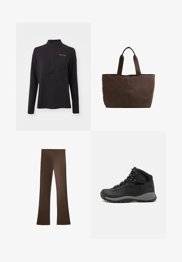 Sort langærmet pullover lavet af struktureret materiale, med en halv lynlås, høj krave og en lynlås lomme på brystet. Brandlogo på fronten.; Brune flared bukser med høj talje og krydsdesign. Fremstillet af et glat, strækbart materiale for komfort og pasform.; Sort vandrestøvle med en mellem-højde design, der har en tekstureret overdel, grå detaljer og en holdbar gummisål med skridsikre klodser.; Brun stof totebag med to robuste håndtag, rektangulær form, minimale syninger og en glat tekstur.