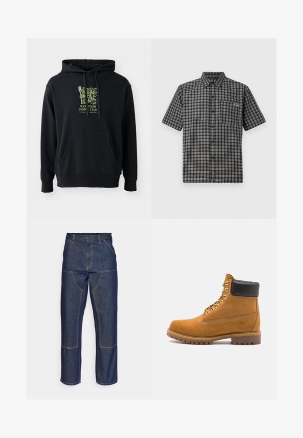 Hanorac negru din amestec de bumbac, cu buzunar frontal, șnur de ajustare și un grafic verde proeminent pe piept inscripționat "CLUBUL PADDLE MAN STASH."; Cămașă cu mânecă scurtă în model tartan alb-negru, cu guler cu nasturi, buzunar frontal și o etichetă mică pe piept.; Jeans din denim albastru închis cu talie înaltă, design cu picior drept, cusături contrastante și buzunare cu clapă în față.; Cizmă de gleznă din întoarsă de culoare bej, cu guler negru căptușit, ochiuri din metal auriu, detalii de cusătură albă și talpă din cauciuc robustă, cu un model pronunțat.