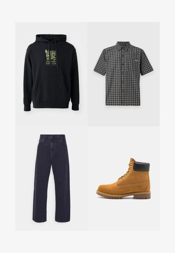 Felpa nera con cappuccio in misto cotone, dotata di tasca frontale, coulisse e un evidente grafiche verde sul petto con la scritta "MAN STASH PADDLE CLUB."; Camicia a maniche corte in motivo plaid bianco e nero, con colletto button-down, taschino frontale e una piccola etichetta sul petto.; Jeans in denim scuro con una silhouette a gamba larga, vita alta e design a cinque tasche. Presentano una classica chiusura con bottone e zip.; Stivale alla caviglia in suede tan con collare imbottito nero, occhielli in metallo dorato, dettagli in cucitura bianca e suola in gomma robusta con battistrada pronunciato.