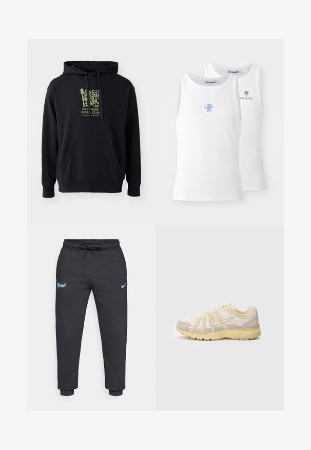 Must kulunud puuvillase segu kapuutsiga, millel on esikott, nöör ja silmatorkav roheline graafika rinnal, millel on pealkiri "MAN STASH PADDLE CLUB."; Kaks valget T-särki, ribarebane tekstuur, millel on sinised ja rohelised tikitud logod. Ühel on päikesesool, teisel palmipuu.; Mustad pehmetest kangast dressipüksid, millel on nööriga vöökoht, ülemisel paremal sinine Nike logo ja vasakul reiel "Miami" graafika.; Bež ja hall treeningjalanõud, millel on võrkkonstruktsioon, tekstuuriga mustrid ja pehme tallaga, millel on kollane aksent. Minimalistlik disain.