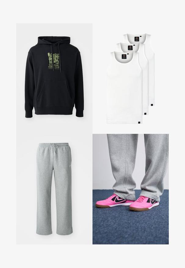 Melna kapuce, izgatavota no kokvilnas maisījuma, ar priekšējo kabatu, aukliņu un izteiktu zaļu grafiku uz krūtīm ar uzrakstu "MAN STASH PADDLE CLUB."; Trīs baltas ribotas krūšturi, kas izgatavoti no kokvilnas. Iezīmēti ar apaļu kakla izgriezumu un maziem melniem etiķetēm tuvu apakšmalai. Pieejami vairākos izmēros.; Pelēki kokvilnas sporta bikses ar elastīgu jostasvietu, aukliņas aizdari un taisnām kājām. Uz augšējās kreisās puses ir neliels logo.; Rozā sporta apavi ar melniem akcentiem, ar auklām saistāms dizains un gumijas zole. Pelēki sporta bikses daļēji sedz apavus, kas atrodas uz zilā paklāja.