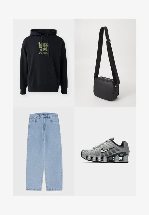 Sort hættejakke lavet af bomuldsblanding, med en frontlomme, snoretræk og et fremtrædende grønt grafisk motiv på brystet med teksten "MAN STASH PADDLE CLUB."; Lyseblå denimjeans med straight leg-design, der har en mid-rise talje, fem lommer og en lukning med knap og lynlås.; Grå og sort Nike løbesko med synlig fjederlignende dæmpning under sålen og et hvidt swoosh-logo på siden.; Sort crossbody-taske med et struktureret lædermønster, rektangulær form, med lynlås og en kontrasterende stofrem.