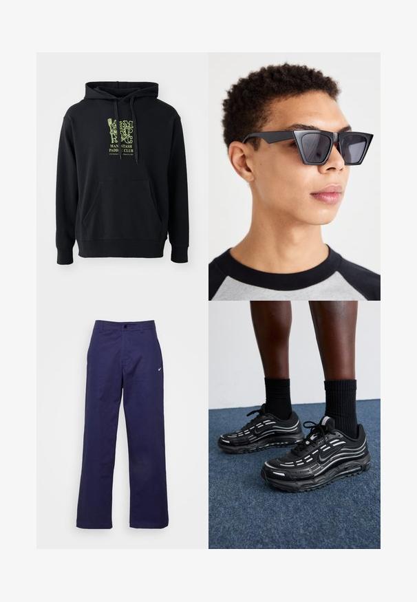 Svart hoodie i bomullsblandning, med en framficka, dragsko och en framträdande grön grafik på bröstet märkt "MAN STASH PADDLE CLUB."; Nike Sportswear PANT - Tygbyxor - midnight navy/(white); Svarta Nike-skor har en mesh-övre med accentstripes, texturerad snörning och en svart gummisula. Bärs med svarta ribbade strumpor.; Svarta kantiga solglasögon med mörka linser, med en djärv geometrisk design och en matt yta. Bärs av en person med kort hår.