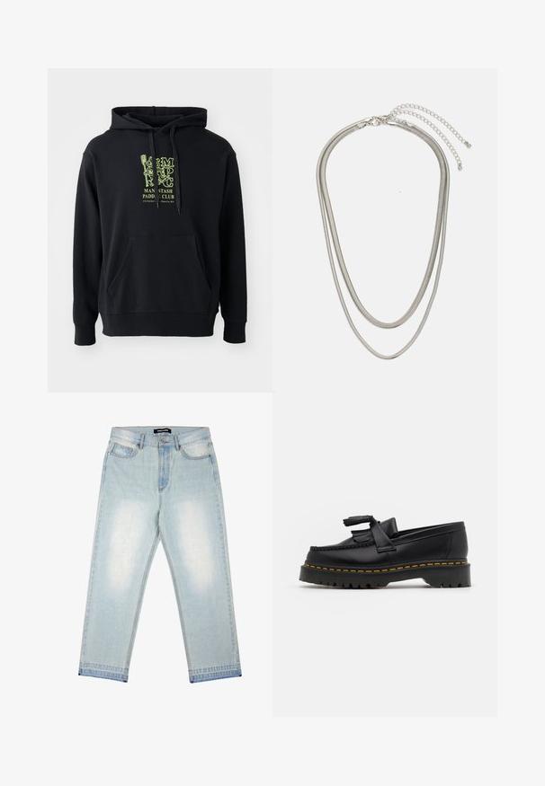 Sudadera negra de mezcla de algodón, con un bolsillo frontal, cordones y un destacado gráfico verde en el pecho que dice "CLUB DE REMO MAN STASH."; Pegador BARROW - Vaqueros holgados - sand washed blue; Mocasín de cuero negro con un acento de borlas, que presenta una suela gruesa negra y costuras amarillas a lo largo del borde. Acabado texturizado.; Collar de metal plateado de tres capas que presenta cadenas flexibles y elegantes con un ligero brillo, asegurado con un cierre de langosta y cadena ajustable.