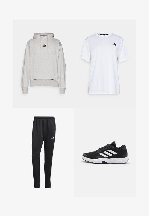 Ανοιχτό γκρι φούτερ από μείγμα βαμβακιού, με κουκούλα που ρυθμίζεται με κορδόνι, πλεκτές μανσέτες, κοντό σχέδιο και μαύρο λογότυπο στο στήθος.; Λευκό αθλητικό μπλουζάκι με κοντά μανίκια, κατασκευασμένο από ύφασμα που απορροφά την υγρασία. Διαθέτει μαύρο λογότυπο στην αριστερή πλευρά του στήθους και μοτίβο στη εσωτερική γραμμή του λαιμού.; Μαύρο αθλητικό παντελόνι με ελαστική μέση, λευκές πλαϊνές ρίγες και ένα μικρό λευκό λογότυπο στο μηρό. Φτιαγμένο από απαλή, ελαφριά ύφανση.; Μαύρα αθλητικά παπούτσια με υφασμάτινη άνω επιφάνεια κώνου, λευκές διακοσμητικές ρίγες, μαξιλαρωτή σόλα και ενισχυμένη φτέρνα για στήριξη.