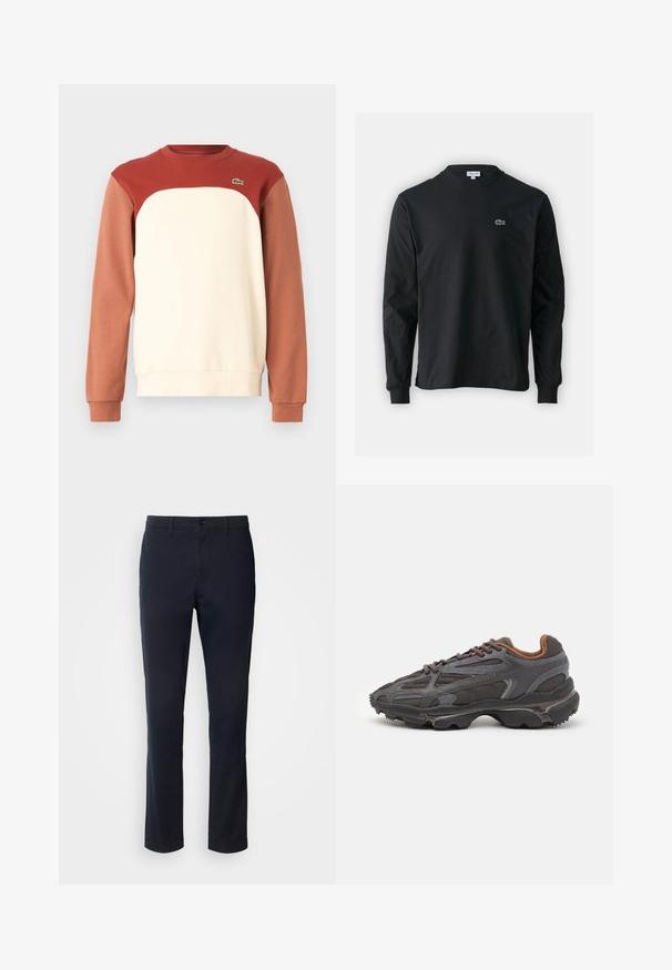 Crewneck-tröja med en röd övre del, krämfärgad mittdel och bruna ärmar nertill. Tillverkad av mjukt tyg med en liten logodetalj.; Svart långärmad t-shirt i bomull, med rund halsringning och en liten grön broderad krokodil-logotyp på vänster bröst.; Mörkblå byxor i slätt tyg, med rak bendesign, bälteshällor och knappstängning med dragkedja.; Lacoste-sneakers i mörkgrått med nät och syntetmaterial, med en strukturerad sula och bruna detaljer på kragen och varumärket.