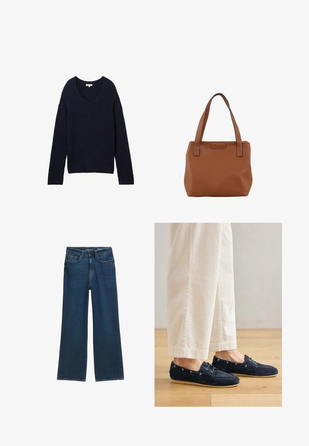 Sötétkék pulóver V-kivágással, bordázott textúrával és chevron mintával az elején, széles ujjakkal és laza szabással.; Sötétkék, bővített farmernadrág, öt zsebes kialakítással, gombos záródással és diszkrét varrási részletekkel a varrásoknál.; Tengerészes, velúr csónakcipők, kontrasztos fehér fűzőlyukakkal, fűzős részletekkel és krém színű gumitalppal. Krém színű kordbársony nadrággal viselve.; Barna bőr bevásárlótáska két erős kígyóval, textúrázott felülettel és kontrasztos fekete varrással. Egyszerű téglalap alakú.